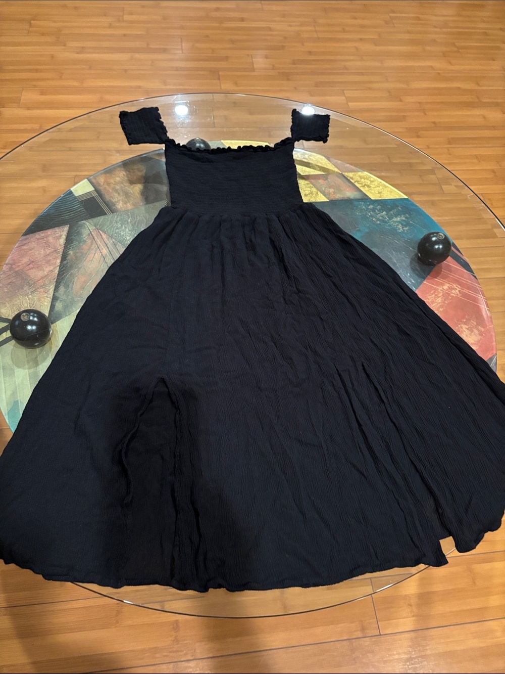 Love Tree Black Smocked Midi Dress with Puff Sleeves
